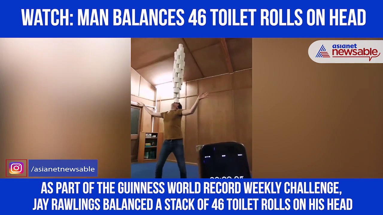 Man balances 46 toilet rolls on head, sets Guinness World Record