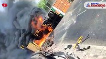Container truck overturns on Delhi-Agra National Highway, catches fire