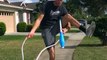 Guy Juggles Bowling Pin While Simultaneously Jumping Over Jump Rope