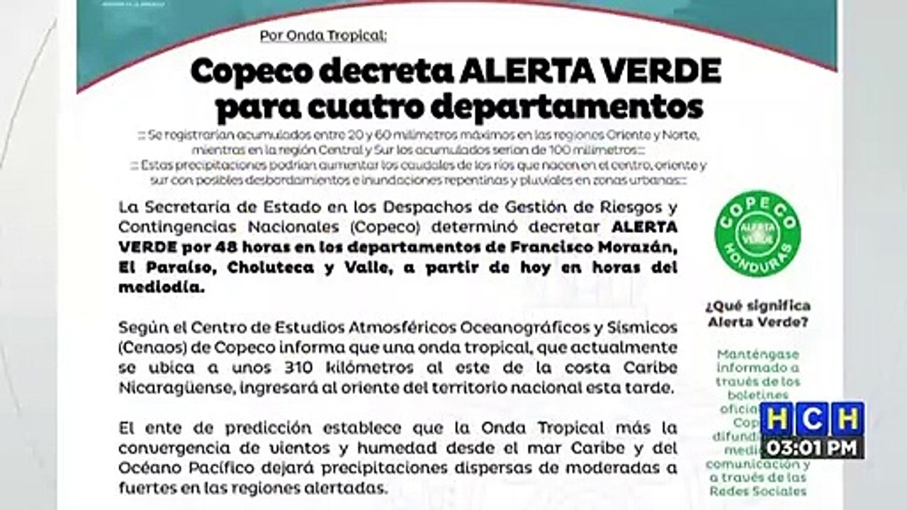 ¡Por Onda Tropical! Decretan Alerta Verde en cuatro departamentos