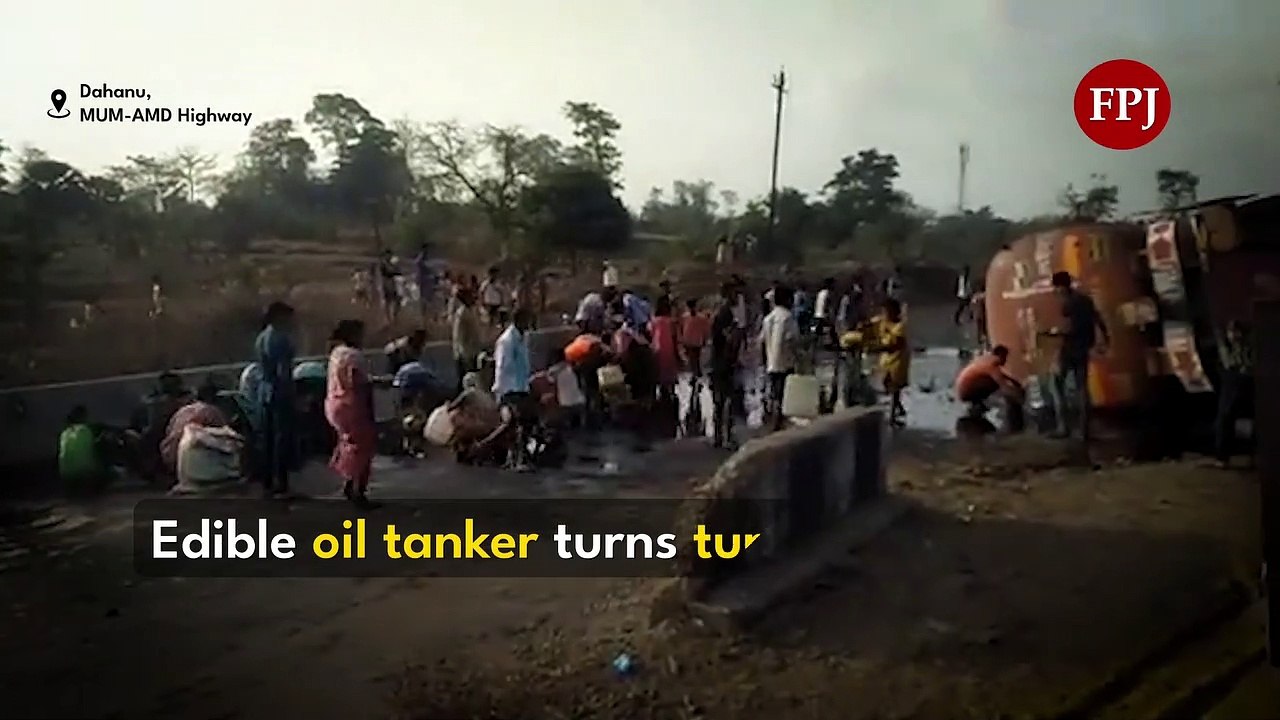 Edible oil tanker overturns on MUM-AMD Highway leading to spill; villagers rush to collect oil