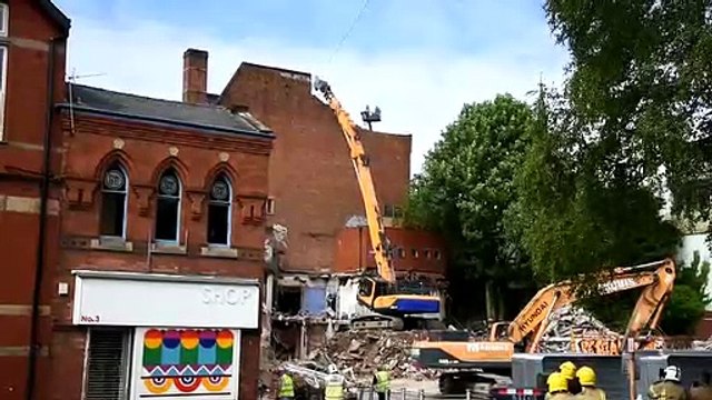 Wall brought down in demolition of fire ravaged former Tokyo Jo's, Evoque and Odeon building in Preston