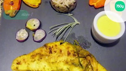 Steak de requin grillé au curcuma et moutarde de concombre