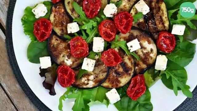 Salade d'aubergines grillées au balsamique, tomates confites et feta