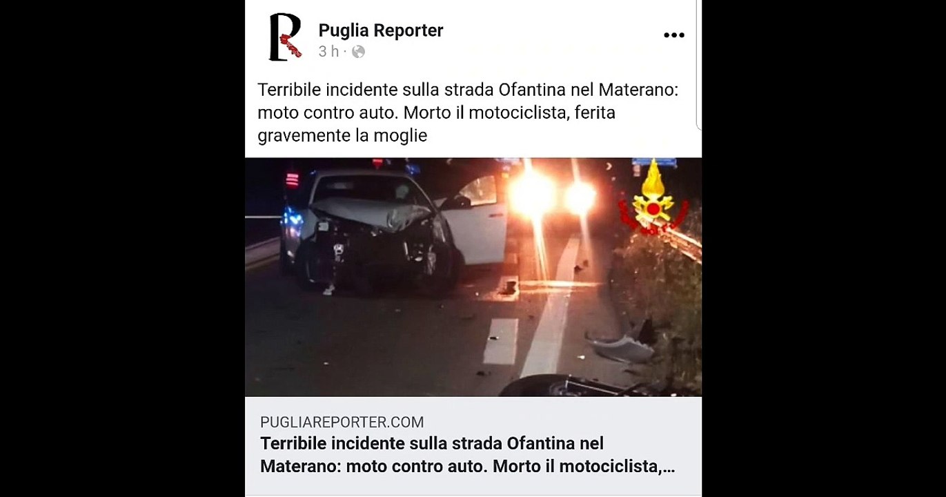 Terribile incidente mortale sulla strada Ofantina nel Materano: moto contro auto a Melfi, la notizia su www.pugliareporter.com