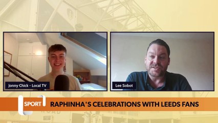 Raphinha celebrates with Leeds fans after they survive relegation
