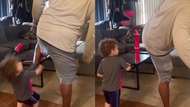 'Chucklesome dad fail sees man accidentally taking down kid with a reverse spin kick'