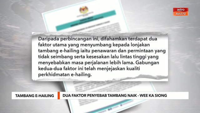 Tambang e-Hailing | Dua faktor penyebab tambang naik - Wee Ka Siong