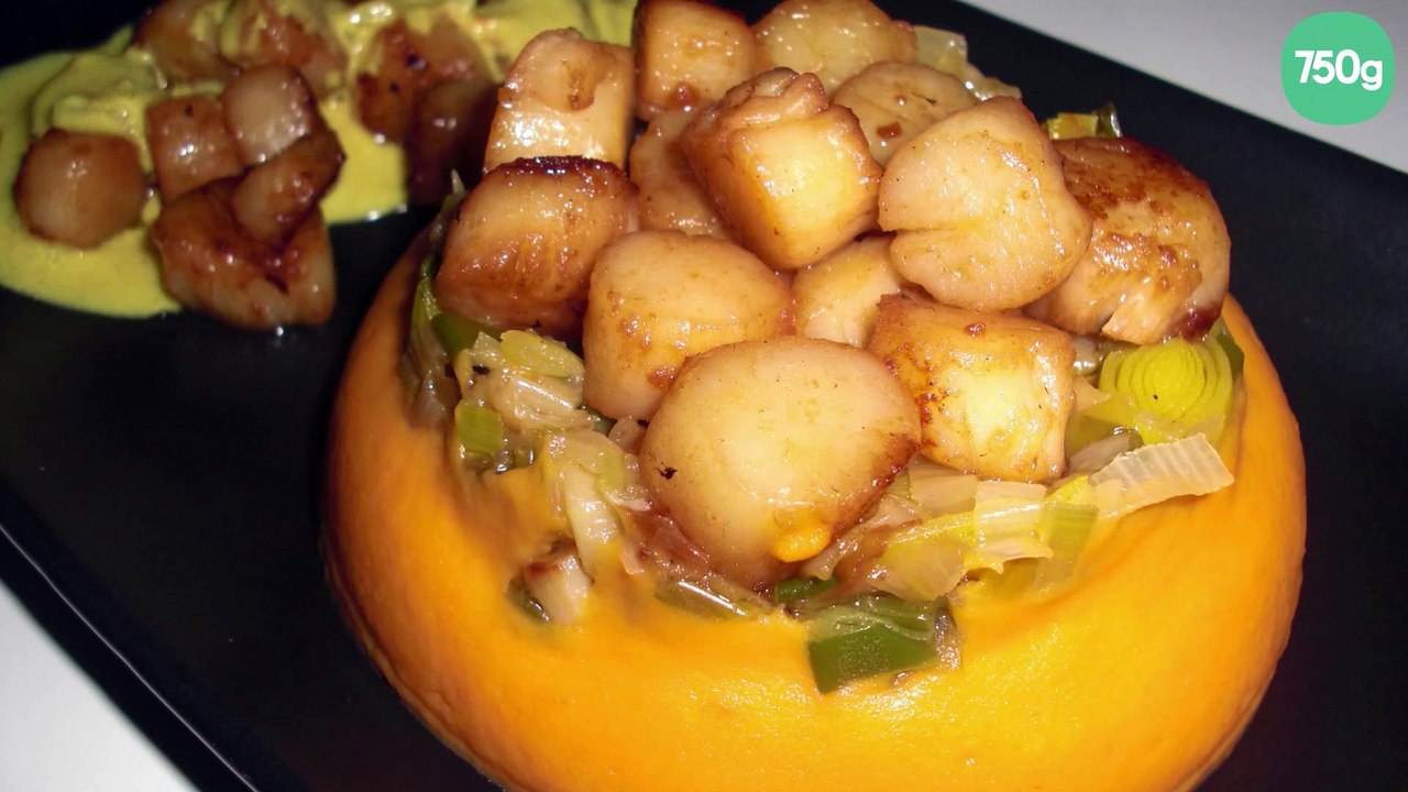 Trio gourmand : Noix de St Jacques, purée de patate douce et fondue de poireaux