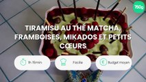 Tiramisu au thé Matcha, framboises, mikados et petits cœurs