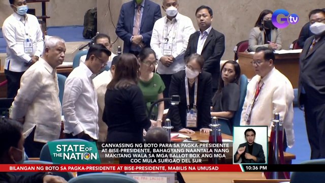 Canvassing ng boto para sa pagka-presidente at bise-presidente, bahagyang naantala nang makitang wala sa mga ballot box ang mga COC mula Surigao Del Sur | SONA