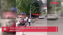 Yanan araç yokuşta kaydı, alevler otomobile ve ağaca sıçradı