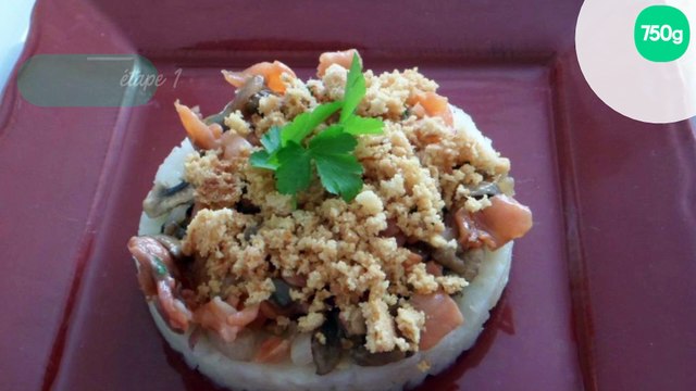 Poêlée de champignons truite fumée sur un écrasé de céléri et son crumble