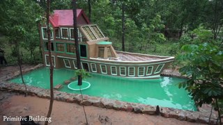 PRIMITIVE  Membangun Rumah Villa Perahu Tiga Lantai yang Luar Biasa & Kolam Renang Yang Indah