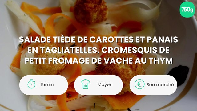 Salade tiède de carottes et panais en tagliatelles, cromesquis de petit fromage de vache au thym