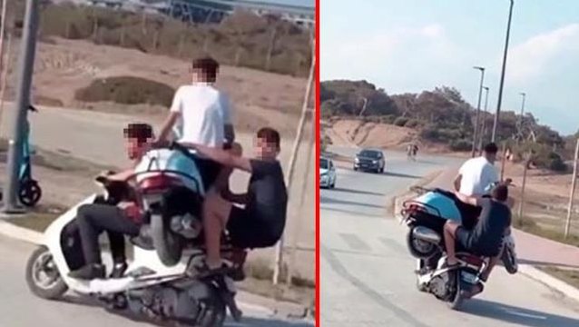 Motosikleti başka bir motosiklete yükleyip üzerinde giden gençler ölüme meydan okudu