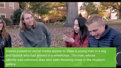 Man in wig throws cake at glass protecting Mona Lisa