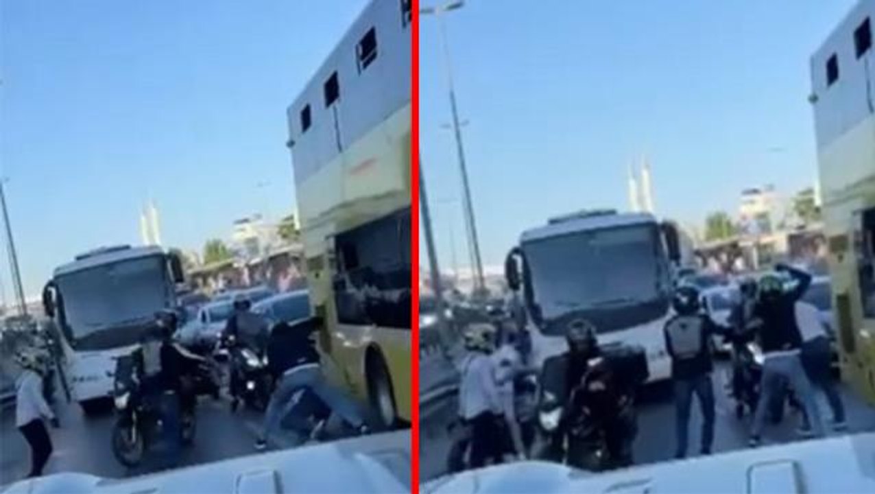 Servisci, motorcuları sıkıştırınca kavga çıktı! 3 arkadaş cadde ortasında işte böyle dövdü