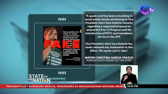 Kampo ni VP-elect Sara Duterte, itinangging naglabas sila ng pahayag tungkol sa K-12 program, ROTC at mandatory AFP service na kumakalat online | SONA
