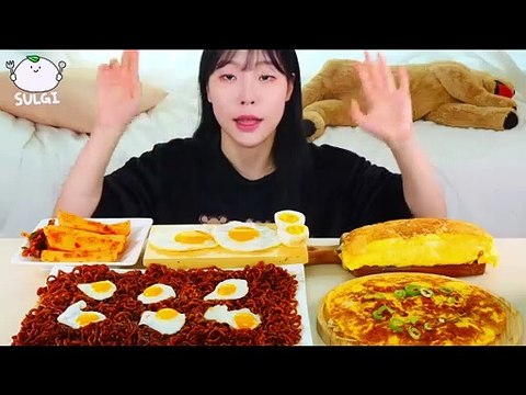 ASMR MUKBANG Egg Party with Black bean noodles, Omelet, Vegetable Pancakes, Fried eggs, Kimchi.