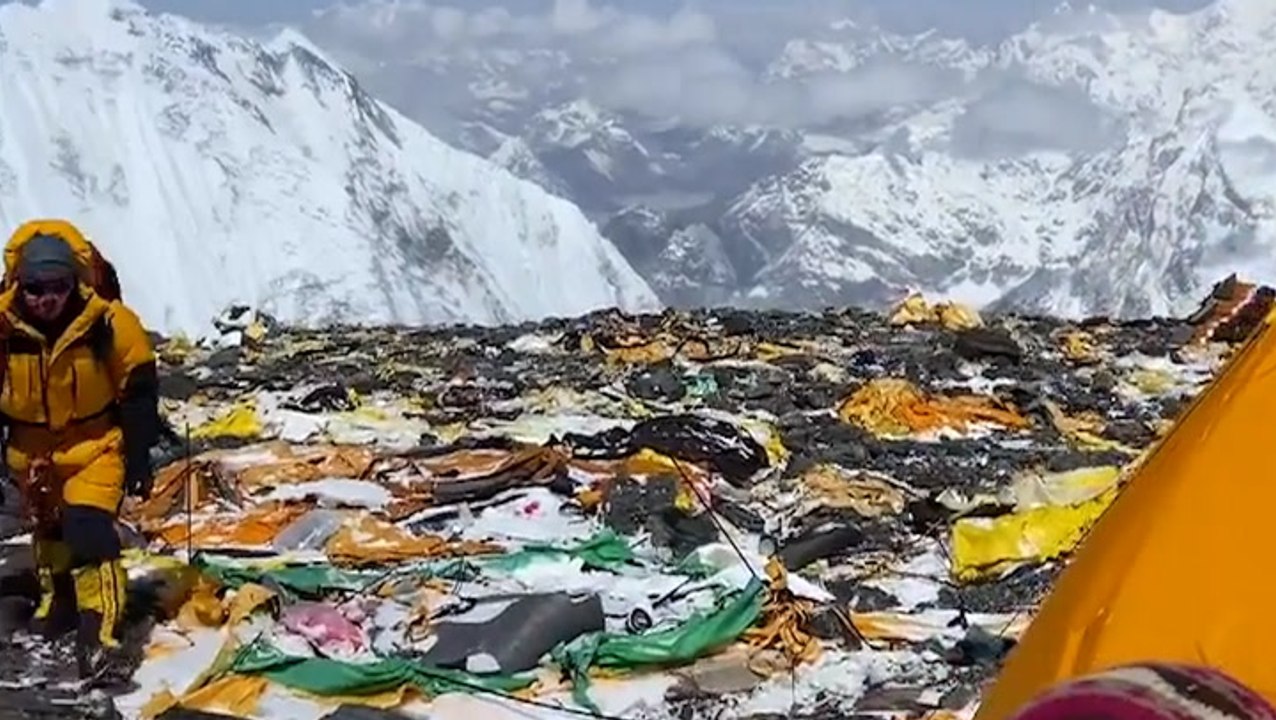 Huge piles of litter on Himalayan slopes seemingly left by mountaineers