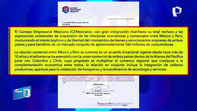 Consejo Empresarial Mexicano rechaza anuncio de AMLO de cortar relaciones comerciales con Perú