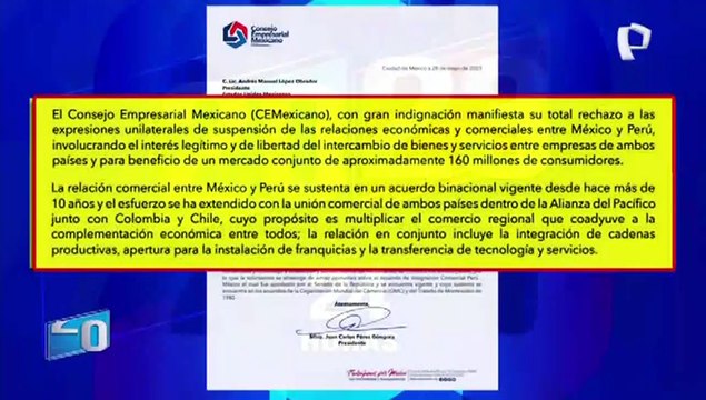 Consejo Empresarial Mexicano rechaza anuncio de AMLO de cortar relaciones comerciales con Perú