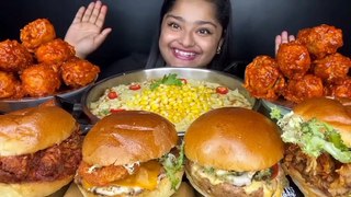 Mukbang Spicy Korean Chicken, Samyang noodles, Big Burger, Indian grits