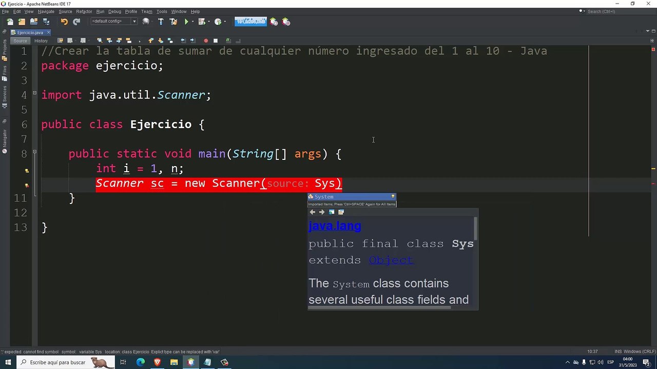 Crear la tabla de sumar de cualquier número ingresado del 1 al 10 en Java