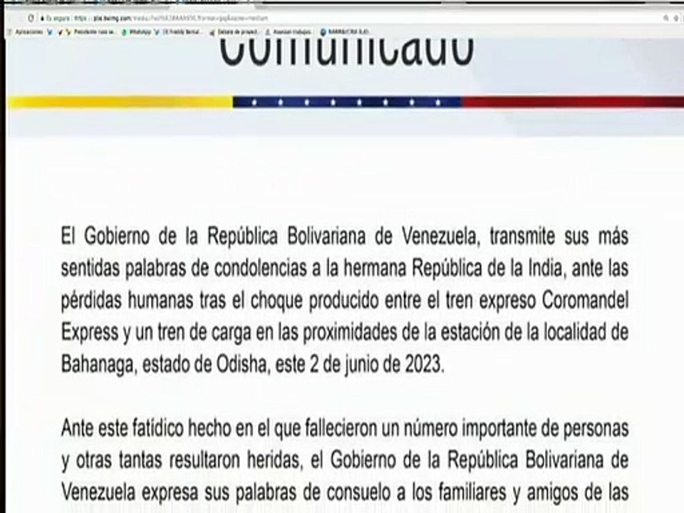 Comunicado | Venezuela transmite condolencias a la India ante pérdidas humanas en choque de trenes