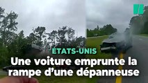 Aux États-Unis, une conductrice emprunte la rampe d’un camion par mégarde et finit en vol plané