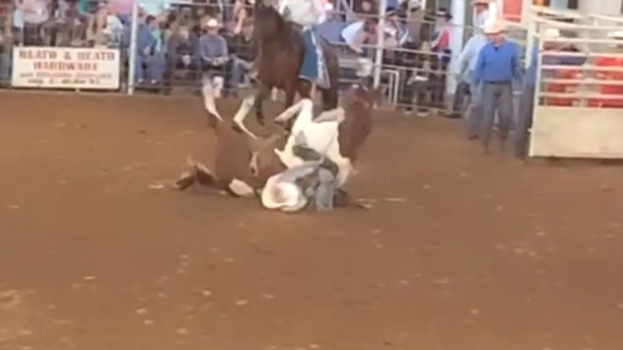 PANIC ensues at rodeo event after horse loses balance and pins rider to