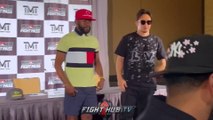MIKURU ASAKURA TRIES TO INTIMIDATE FLOYD MAYWEATHER IN FIRST FACE OFF; BOTH SIZE EACH OTHER UP