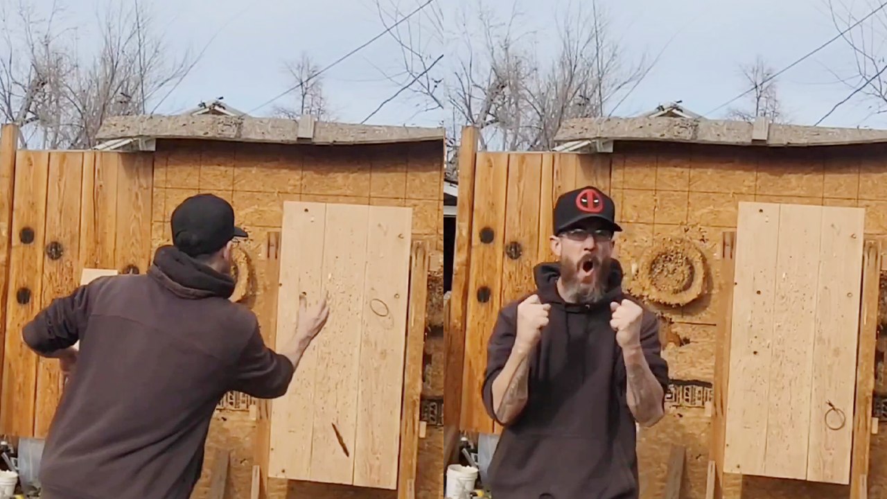 'Knife-throwing trickshot artist performs fantastic knife-and-ring trick'