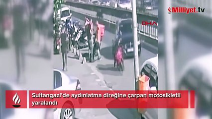 Sultangazi’de aydınlatma direğine çarpan motosikletli yaralandı