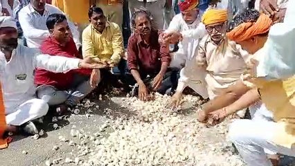 बाजार हस्तक्षेप में लहसुन खरीद की मांग: म​हिलाओं ने लहसुन का हार पहना, किसानों ने सड़क पर फैलाया