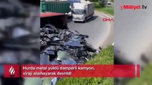 Hurda metal yüklü kamyon devrildi