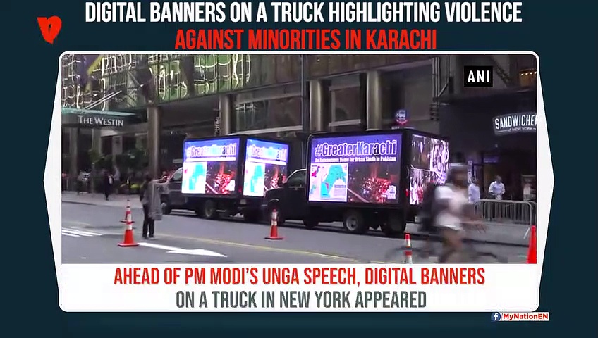 Digital banners on New York ad vans highlight atrocities against minorities in Karachi