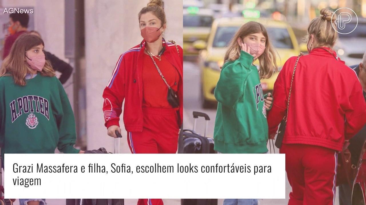 Filha de Grazi Massafera elege jeans rasgado para viagem com a mãe; atriz usa conjunto monocromático