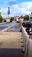 Car towing inflatable speed boat lands on its side after two-vehicle crash in Fleetwood