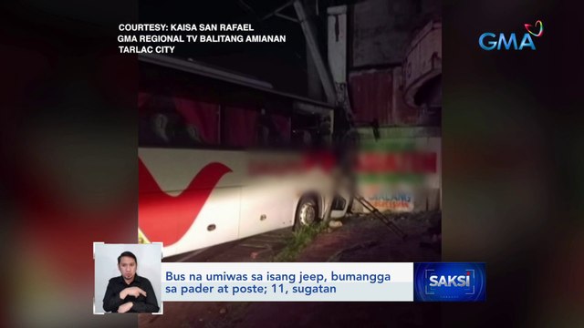 Bus na umiwas sa isang jeep, bumangga sa pader at poste; 11, sugatan | Saksi