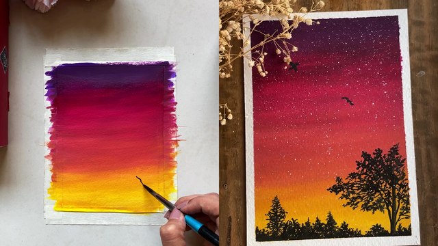 'Imaginative artist makes a stunning gouache painting of a sunset sky '