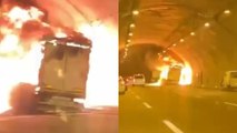 Tünelde tır yandı, sürücüler mahsur kaldı