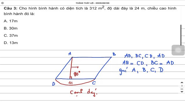 Tính chiều cao hình bình hành khi biết diện tích và độ dài đáy