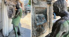 Roma figürlü heykele tekme atıp, benzin dökerek yaktı