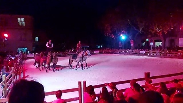 Numéro d'équilibrisme au cours du spectacle des rencontres équestres de Beaucaire