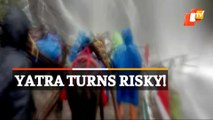 Devotees Brave Heavy Waterfall Current During Kedarnath Yatra