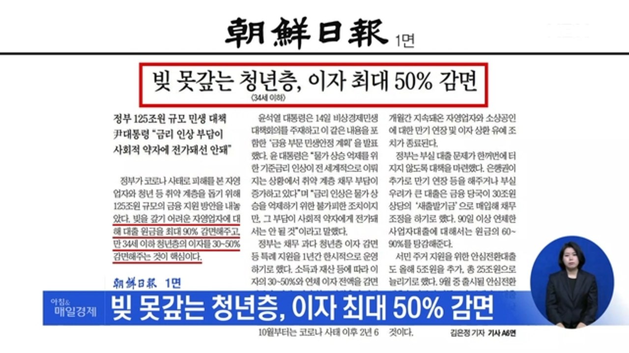 신문브리핑 1 "빚 못갚는 청년층, 이자 최대 50% 감면" 외 주요기사
