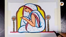 Painting in Indian Folk Art Style Jamini Roy Woman Near window