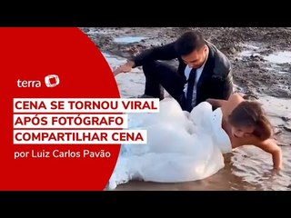 Casal de noivos termina na lama em ensaio fotográfico